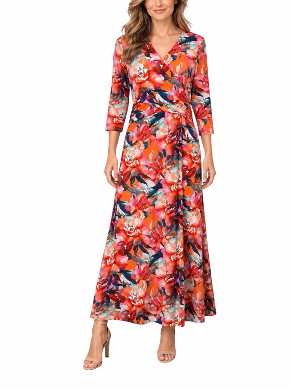 Soft Surroundings Petite Maxi Dress PL Floral Faux Wrap Ruched Stretch Orange